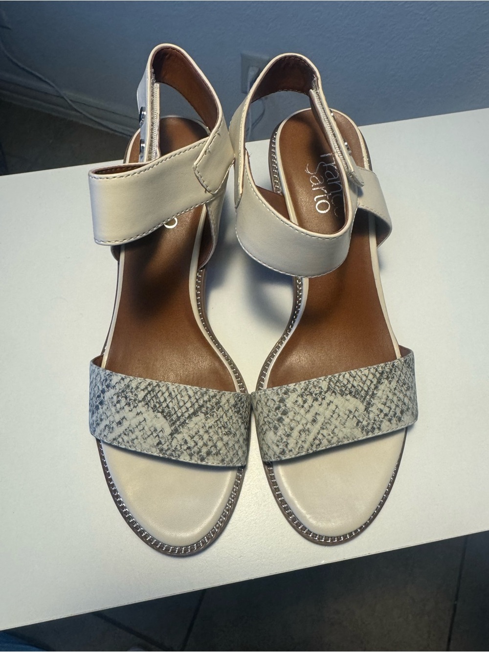 Franco Sarto Cream Block Heel Sandals with Snakeskin Toe - Picture 3 of 4